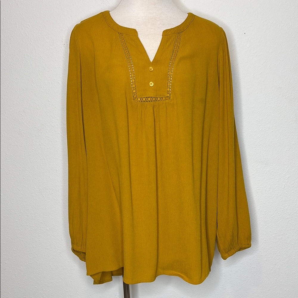 Terra & Sky size 1X (16W-18W) Gold Relaxed Tunic with Mandarin Collar